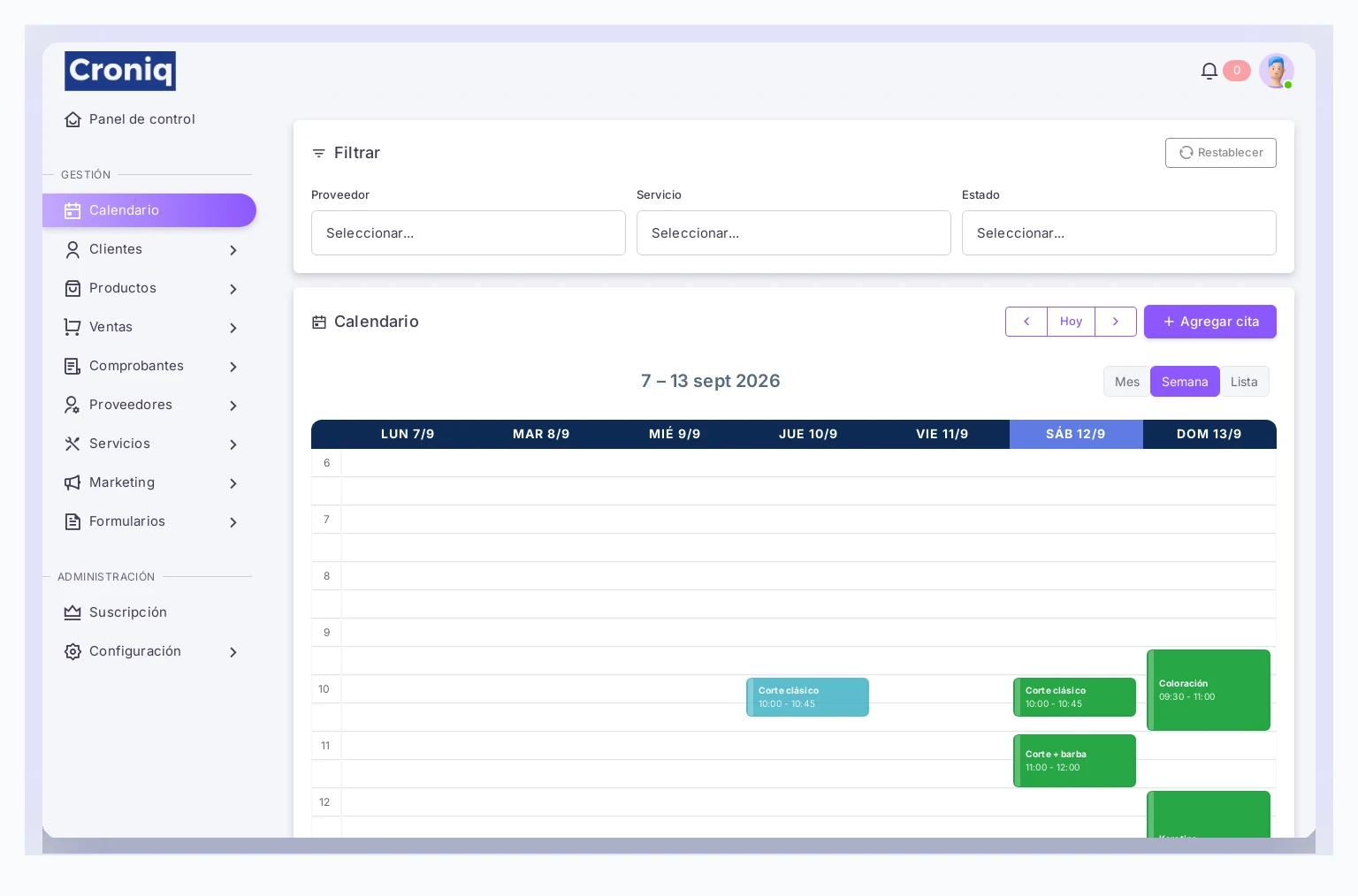 Agenda semanal de Croniq con turnos organizados por horario