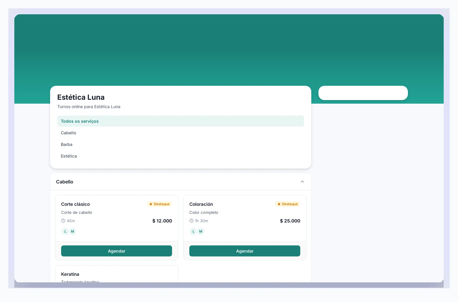 Página de reserva pública de Croniq con servicios para elegir horario