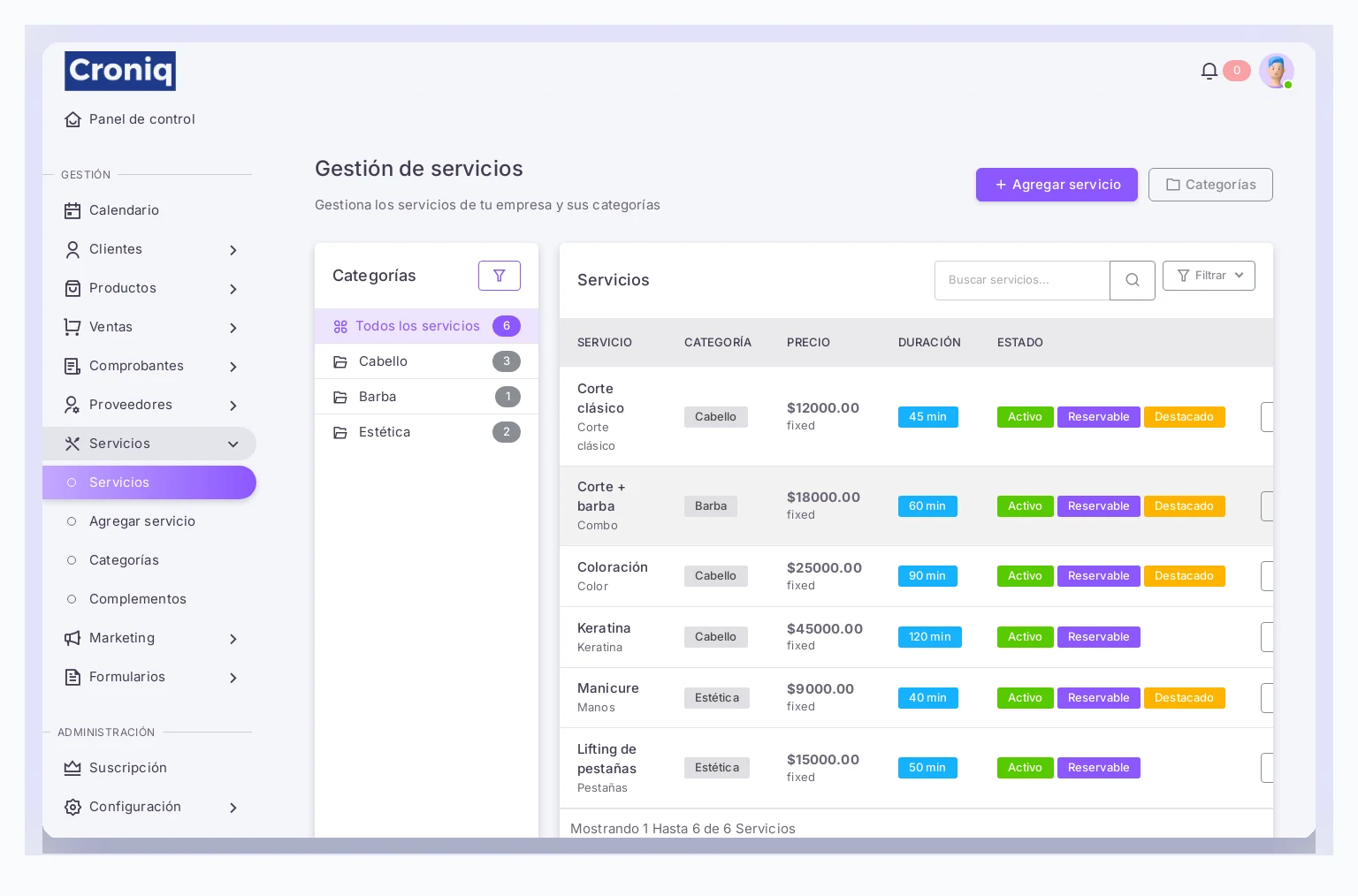 Catálogo de servicios en Croniq con duración y precios