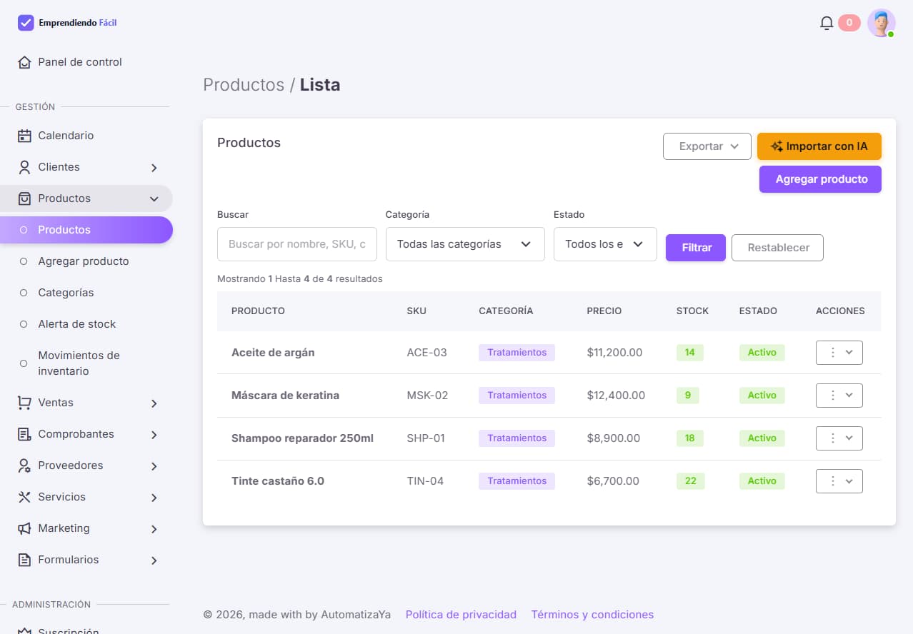 Listado de productos en Emprendiendo Fácil, donde la IA completa datos